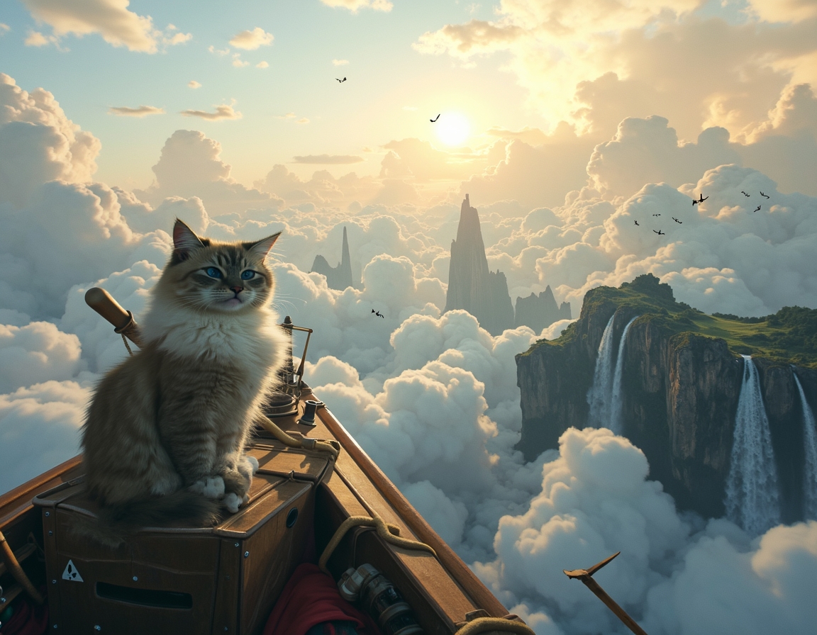 Cat captains a floating pirate ship that navigates between massive cloud-islands. Waterfalls spill over island edges, and mysterious winged creatures soar among the clouds, creating a thrilling, airborne fantasy voyage.